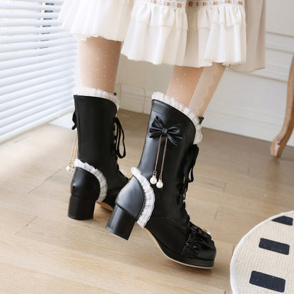 Lace Tied Straps Bow Tie Block Chunky Heel Mid-Calf Boots for Women