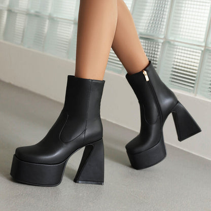 Booties Glossy Square Toe Side Zippers Strange Heel Heel Platform Short Boots for Women