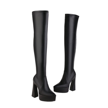 Frosted Pu Leather Pointed Toe Spool Heel Platform Over the Knee Boots for Women