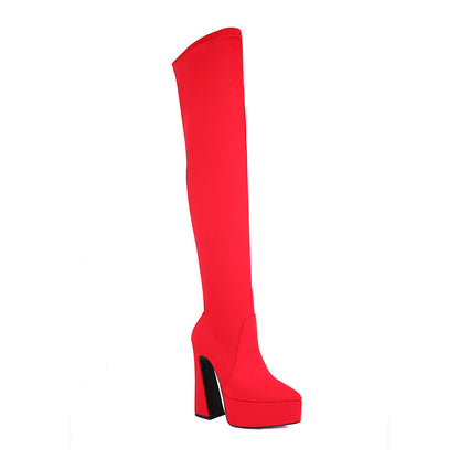 Stretch Pointed Toe Spool Heel Platform Over the Knee Boots for Women