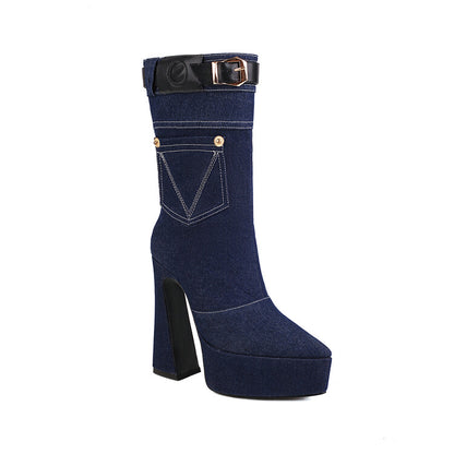 Denim Pointed Toe Pocket Buckle Straps Spool Heel Platform Mid-calf Boots for Women