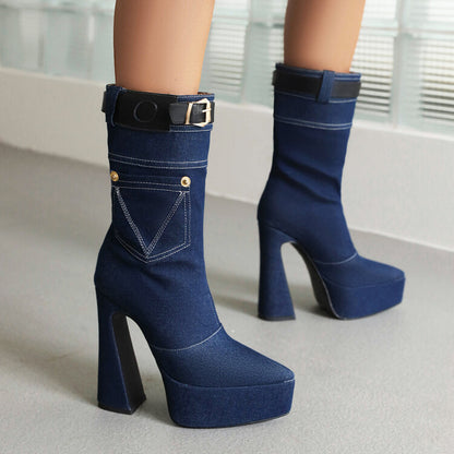 Denim Pointed Toe Pocket Buckle Straps Spool Heel Platform Mid-calf Boots for Women