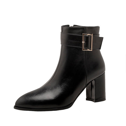 Pu Leather Buckle Straps Side Zippers Block Chunky Heel Short Boots for Women