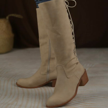 Back Tied Straps Side Zippers Block Heel Tall Boots for Women