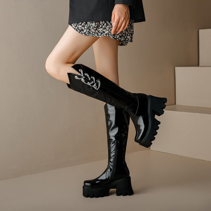 Round Toe Metal Chains Block Heel Platform Knee-High Boots for Women