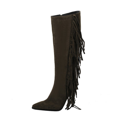 Flock Pointed Toe Tassel Stiletto Heel Knee-High Boots for Women