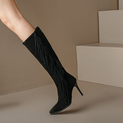 Flock Pointed Toe Tassel Stiletto Heel Knee-High Boots for Women