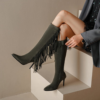 Flock Pointed Toe Tassel Stiletto Heel Knee-High Boots for Women