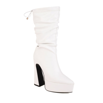 Pu Leather Pointed Toe Back Tied Straps Spool Heel Platform Mid-calf Boots for Women