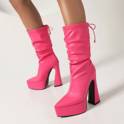 Pu Leather Pointed Toe Back Tied Straps Spool Heel Platform Mid-calf Boots for Women