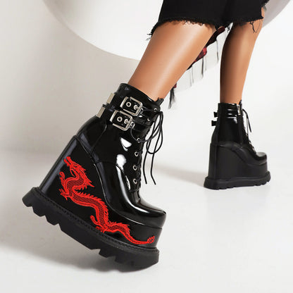 Lace Up Metal Buckle Straps Wedge Heel Platform Short Boots for Women