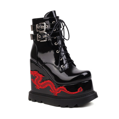 Lace Up Metal Buckle Straps Wedge Heel Platform Short Boots for Women