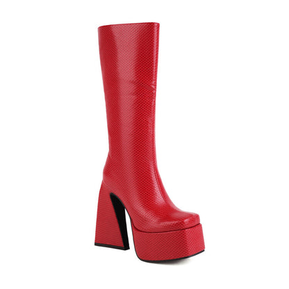 Ladies Square Toe Side Zippers Triangle Heel Platform Knee High Boots