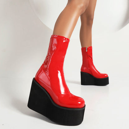 Glossy Round Toe Side Zippers Lace Up Wedge Heel Platform Mid-Calf Boots for Women