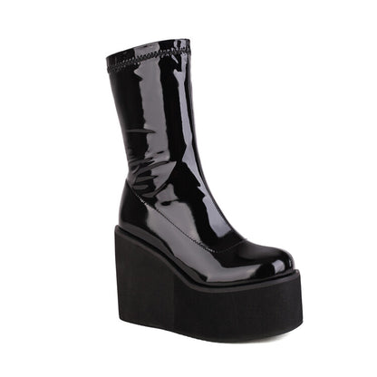 Glossy Round Toe Side Zippers Lace Up Wedge Heel Platform Mid-Calf Boots for Women