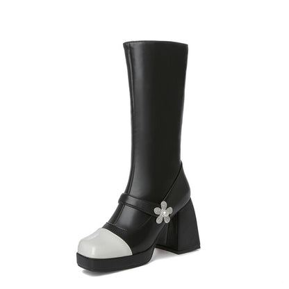 Square Toe Rhinestone Flora Bicolor Platform Block Heel Mid Calf Boots for Women