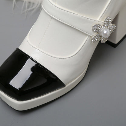 Square Toe Rhinestone Flora Bicolor Platform Block Heel Mid Calf Boots for Women