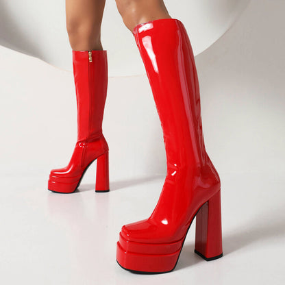 Pu Leather Square Toe Side Zippers Block Chunky Heel Platform Knee High Boots for Women