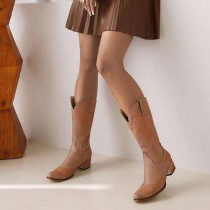 Ethnic Pu Leather Pointed Toe Patchwork Embroidery Low Heels Cowboy Mid-calf Boots for Women