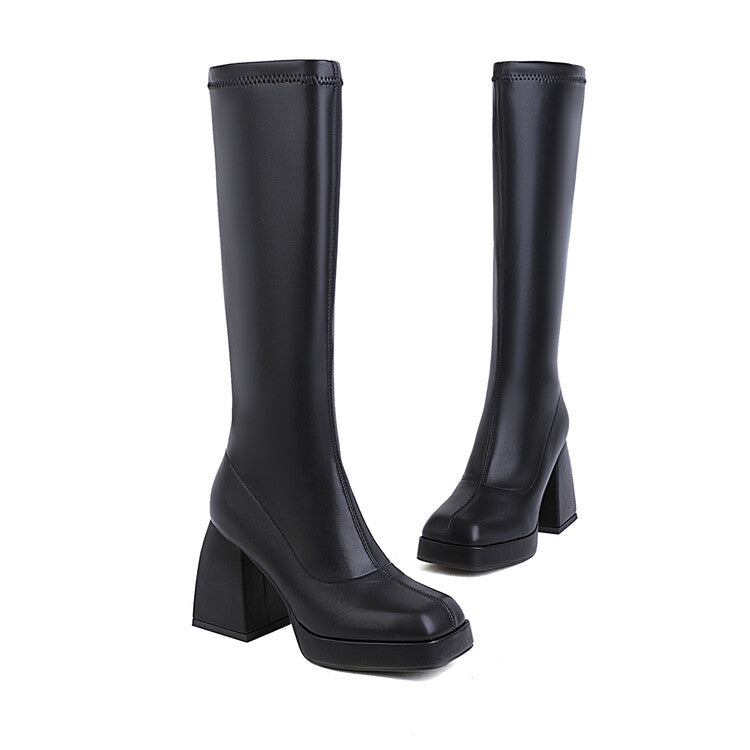 Pu Leather Square Toe Block Chunky Heel Platform Knee High Boots for Women