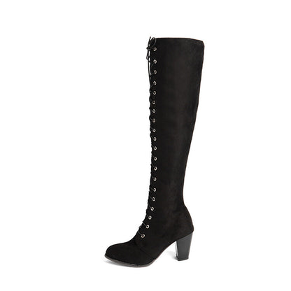 Flock Lace Up Block Heel Knee High Boots for Women