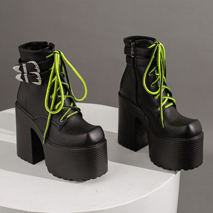 Pu Leather Square Toe Lace Up Buckle Straps Block Chunky Heel Platform Ankle Boots for Women