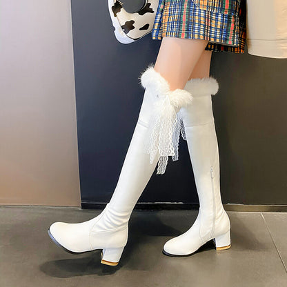 Lace Furry Block Heel Over-The-Knee Boots for Women