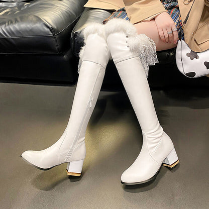 Lace Furry Block Heel Over-The-Knee Boots for Women