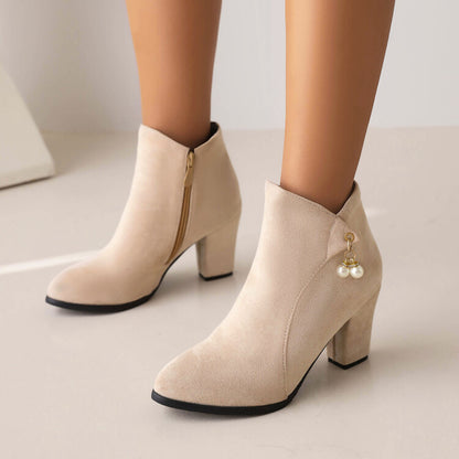 Flock Round Toe Pearls Side Zippers Block Chunky Heel Short Boots for Women