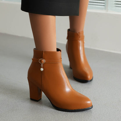 Pu Leather Buckle Straps Block Chunky Heel Side Zippers Short Boots for Women