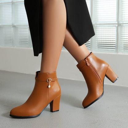 Pu Leather Buckle Straps Block Chunky Heel Side Zippers Short Boots for Women