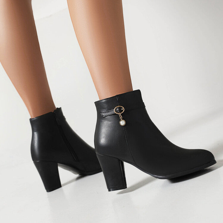 Pu Leather Buckle Straps Block Chunky Heel Side Zippers Short Boots for Women