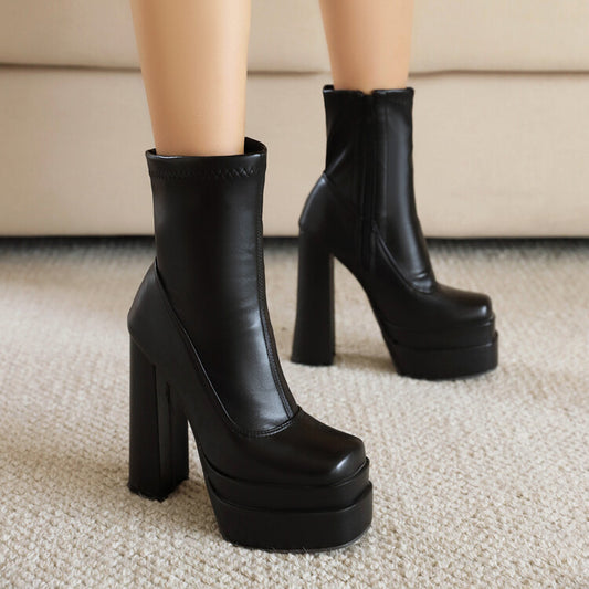 Square Toe Side Zippers Block Chunky Heel Platform Short Boots for Women