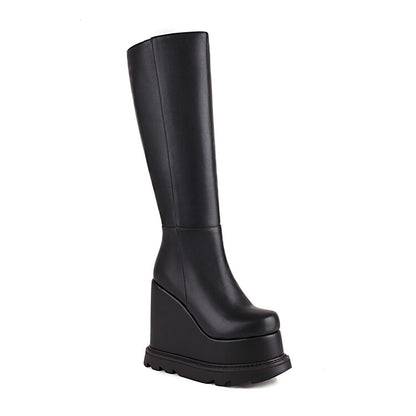 Matte Pu Leather Side Zippers Wedge Heel Platform Knee High Boots for Women