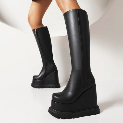 Matte Pu Leather Side Zippers Wedge Heel Platform Knee High Boots for Women