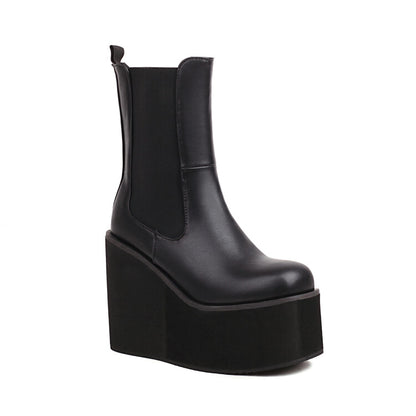 Pu Leather Square Toe Stretch Wedge Heel Platform Short Boots for Women