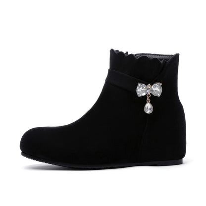 Booties Rhinestone Bows Ruffles Inside Heighten Short Boots for Women