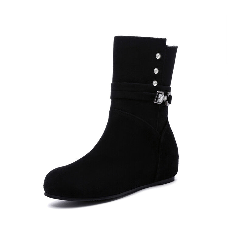 Round Toe Rhinestone Buckles Inside Heighten Mid Calf Boots for Women