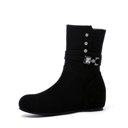 Round Toe Rhinestone Buckles Inside Heighten Mid Calf Boots for Women