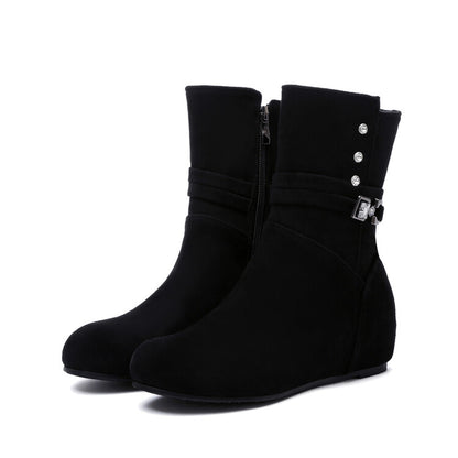 Round Toe Rhinestone Buckles Inside Heighten Mid Calf Boots for Women