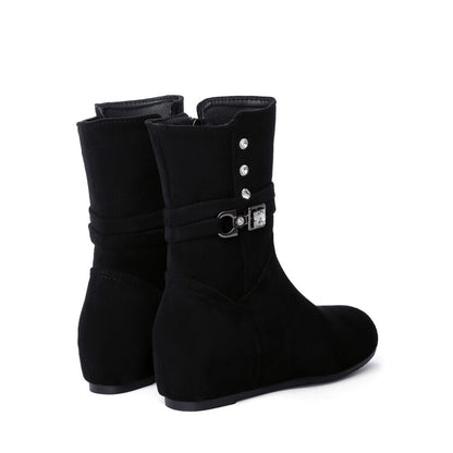 Round Toe Rhinestone Buckles Inside Heighten Mid Calf Boots for Women