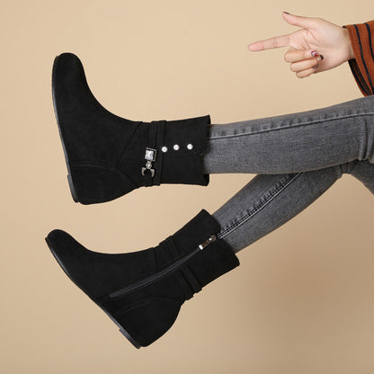 Round Toe Rhinestone Buckles Inside Heighten Mid Calf Boots for Women