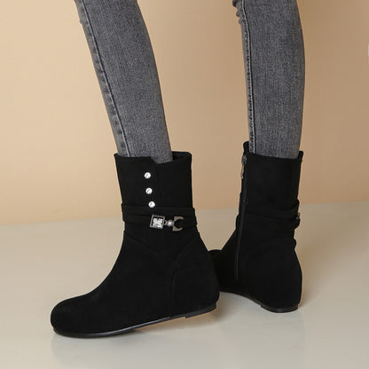 Round Toe Rhinestone Buckles Inside Heighten Mid Calf Boots for Women