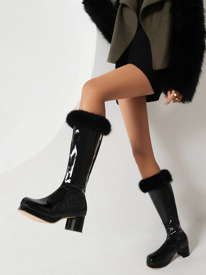 Glossy Side Zippers Block Chunky Heel Platform Mid-Calf Boots for Women