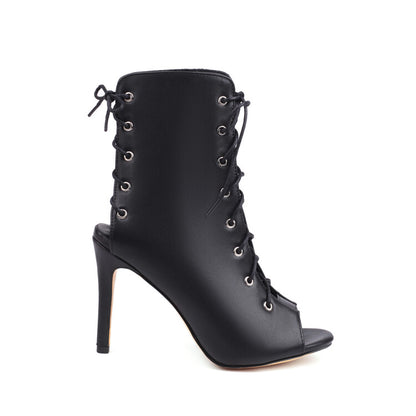 Peep Toe Lace-Up Round Toe Stiletto Heel Ankle Boots for Women