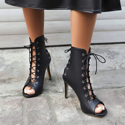 Peep Toe Lace-Up Round Toe Stiletto Heel Ankle Boots for Women