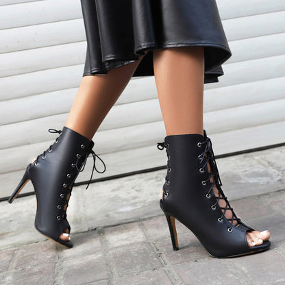 Peep Toe Lace-Up Round Toe Stiletto Heel Ankle Boots for Women