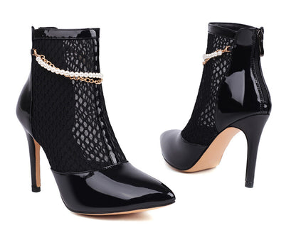 Glossy Pointed Toe Mesh Pearls Chains Stiletto Heel Ankle Boots for Women