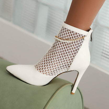 Glossy Pointed Toe Mesh Pearls Chains Stiletto Heel Ankle Boots for Women