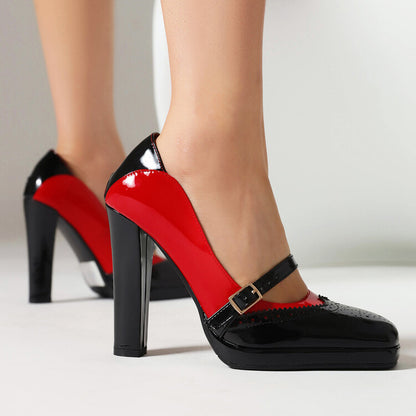 Bicolor Chunky Heel Mary Jane Platform Pumps for Women